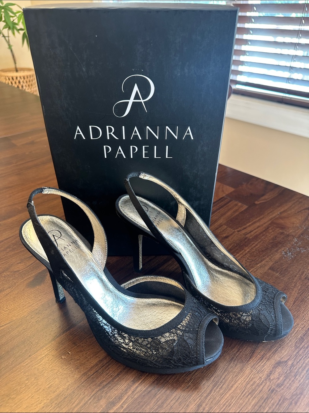 Adrianna Papell Black Lace Peep-Toe Platform Slingback Heels with Gold Insole